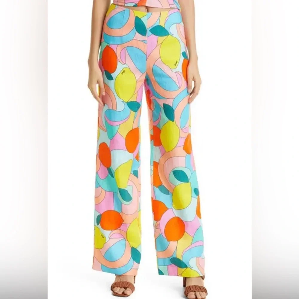 Staud Oscar Wide Leg Linen Pants Lemon Citrus Kaleidoscope Colorful Size 00 - Picture 1 of 4
